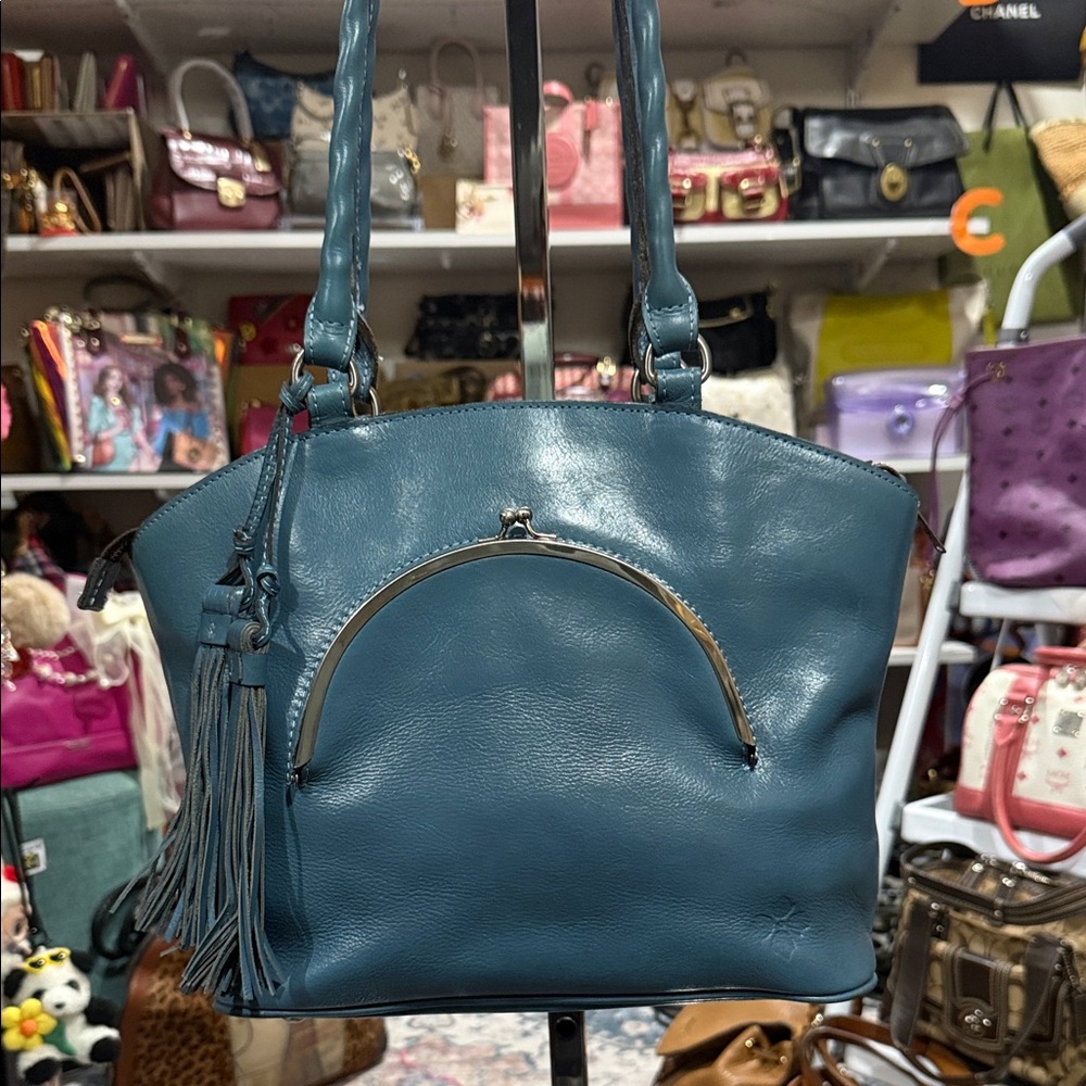 Patricia Nash Kisslock tote Teal Blue Leather Handbag